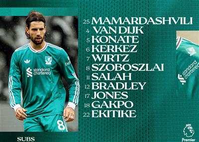 利物浦客战布伦特福德：维尔茨、埃基蒂克首发，萨拉赫持续出战